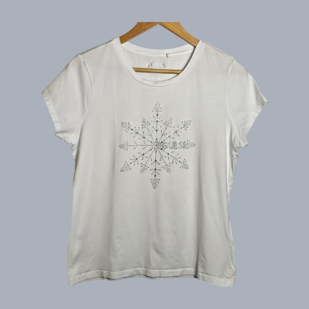 Guess Los Angeles Women's XL White Beaded Snowflake Short Sleeve T-Shirt Tee - Picture 2 of 10